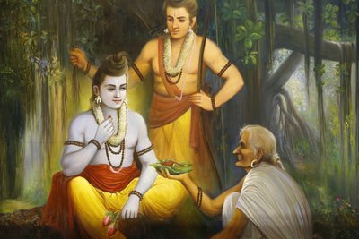 Jalaram Prathna hindoe tempel, Leicester. Fresco. Rama ontmoet Shabari die voedsel aanbiedt aan Ramacandra, Verenigd Koninkrijk door Unbekannt