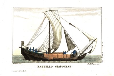 Japanse zeilboot. Illustratie van Jean Louis Prevost uit het dagboek van Jean François de Galaup, Graaf van La Perouse (1741-1788). Kopergravure door dell