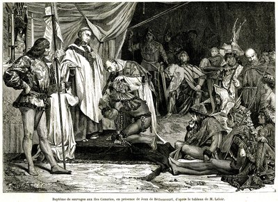 Jean de Bethencourt, Normandische heer, Baron de Saint Martin le Gaillard, veroverde en christelijkte de Canarische Eilanden in januari 1405, uit het tijdschrift "Sur terre et sur mer" nr. 28, 8 januari door Unbekannter Künstler