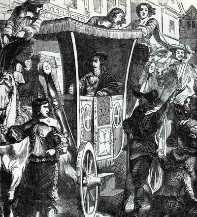 Koning Karel I door de menigte na de mislukte poging om de vijf parlementsleden John Pym, John Hampden, Denzil Holles, William Strode en Arthur Haselrig te arresteren op 4 januari 1642. 19e eeuw (gravure uit 