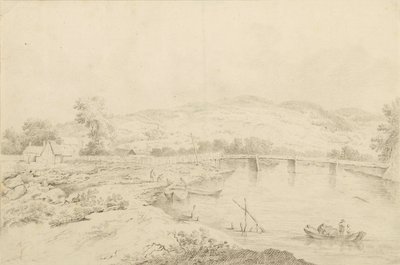 Landschap aan de rivier, met bruggen en boten door Unbekannter Künstler