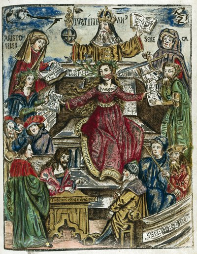 De takken van kennis 16e eeuw: elk vertegenwoordigd door verschillende persoonlijkheden: bovenaan, Aristoteles (384-322 v.Chr.) voor de filosofie en Seneca (Lucius Annaeus Seneca, 4 v.Chr.-65) voor de moraal door Unbekannt
