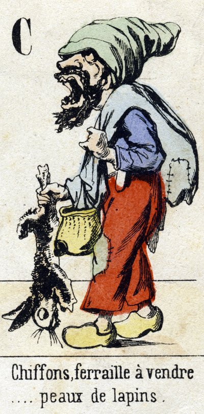 Letter C "Lappen, schroot te koop... konijnenvellen." Alfabet "Kinderen
