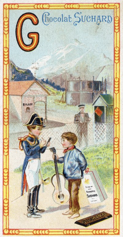 Letter G: gletsjer, gendarme, gasometer, kind, station, krijger, windvaan, gitaar. Gravure van het Alfabet uitgegeven door Chocolat Suchard, begin 20e eeuw. 24 chromolithografieën. door Unbekannt