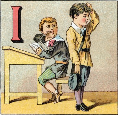 Letter I als onwetendheid. Een leerling die zijn les is vergeten en herhaalt wat een van zijn kameraden hem influistert. Gravure in "Alfabet van kleine scholieren". Beeldvorming van Epinal, circa 1885. Privécollectie door Unbekannt