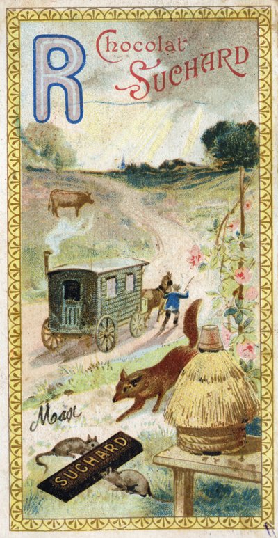 Letter R: stralen, herkauwer, aanhanger, bijenkorf, vos, ratten, roos. Gravure van het Alfabet uitgegeven door Chocolat Suchard, begin 20e eeuw. 24 chromolithografieën. door Unbekannt