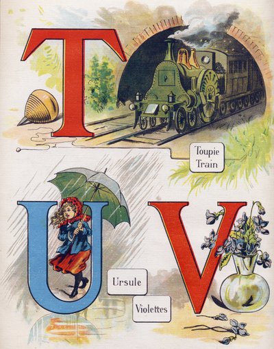 Letter T, U en V: tol, trein, ursula en violet. Gravure in "ABC L