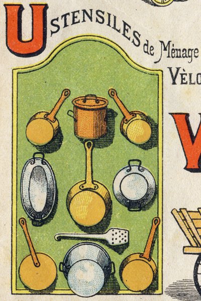 Letter U. Cocote, fornuis, eekhoorn, pan... Gravure in "ABC Toys". Epinal imaging in chromolithografie, circa 1890. door Unbekannt
