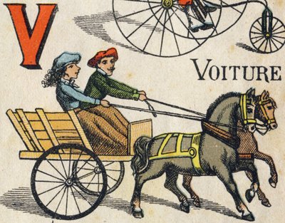 Letter V voor auto. Gravure in "ABC Toys". Epinal imaging in chromolithografie, circa 1890. door Unbekannt