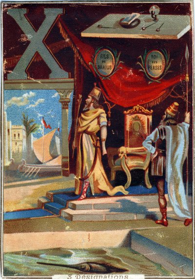 Letter X: Xerxes I; xylografie; xiphias. Alfabet. Chromolithografieën van Parijse Lithografie, circa 1890. door Unbekannt