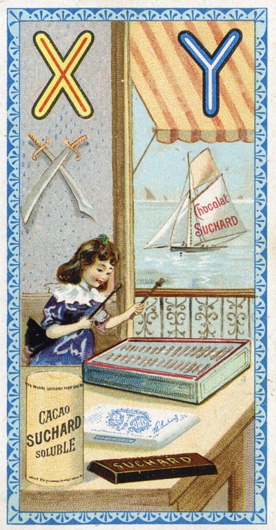 Letter X: xylofonist en Y: yatagan, jacht. Gravure van het Alfabet uitgegeven door Chocolat Suchard, begin 20e eeuw. 24 chromolithografieën. door Unbekannt
