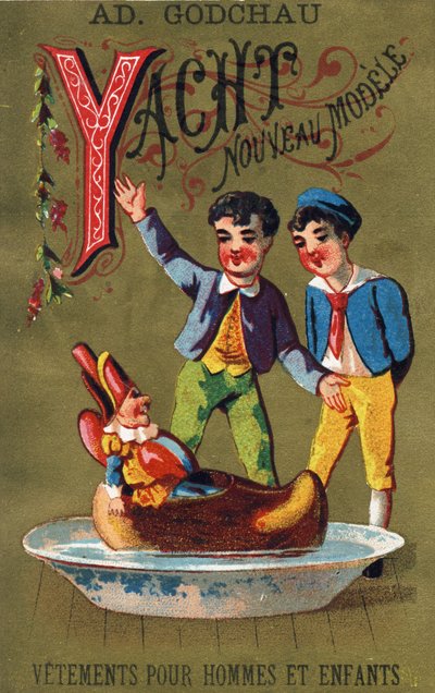 Letter Y: Jacht nieuw model. Gravure in "Alphabet des grotesques". Serie van 25 reclamechromolithografieën op een gouden achtergrond, eind 19e eeuw. door Unbekannt