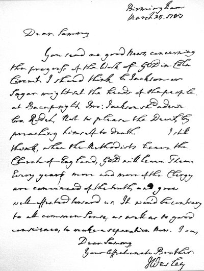 Brief van John Wesley aan Samuel Bradburn, waarin hij zijn sterke mening uitdrukt dat de Methodisten de Kerk van Engeland niet moeten verlaten, geschreven in Birmingham, 25 maart door Unbekannt