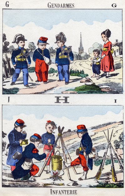 Letters G H I: gendarmes en infanterie. Gravure in "Alphabet militaire enfantin". Imagery van Pont-a-Mousson, circa 1890. door Unbekannt
