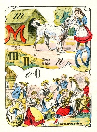 Letters M N en O als Medor, Niche en Zwitsers Orkest. Gravure in "Ludiek Alfabet". Beeldvorming van Pont-à-Mousson. Druk en uitgave Louis Vagne, eind 19e eeuw door Unbekannt