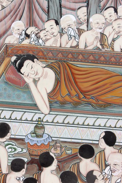 Leven van Boeddha. Na 45 jaar het Dharma onderwezen te hebben, ging de Boeddha over in Parinirvana, Seoul, Zuid-Korea door Unbekannt