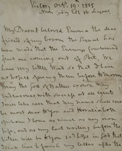 Laatste brief van Lord Nelson (1758-1805) aan Emma Hamilton, geschreven vanaf de 