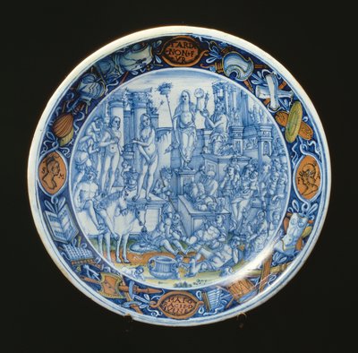 Majolica bord versierd met de allegorie van Diana, godin van de maan, Italiaans door Unbekannt
