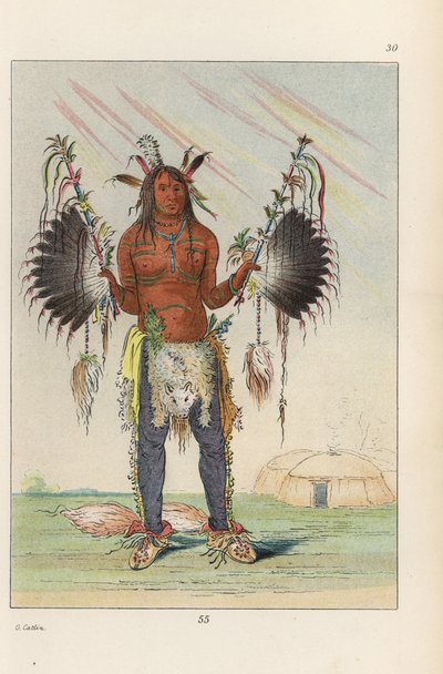 Mandan medicijnman Mah-to-he-hah, Oude Beer, geschilderd met verschillende kleuren, beervet en houtskool, met gevederde medicijnpijpen en vossenstaarten aan zijn hielen. Handgekleurde lithografie uit George Catlin