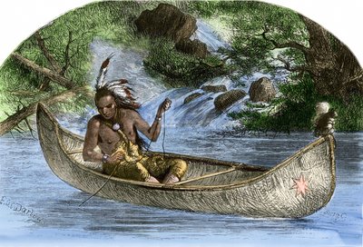 Inheemse bevolking van Amerika: Indianen. Hiawatha aan het vissen in een kano. Kleurgravure uit de 19e eeuw. door Unbekannter Künstler