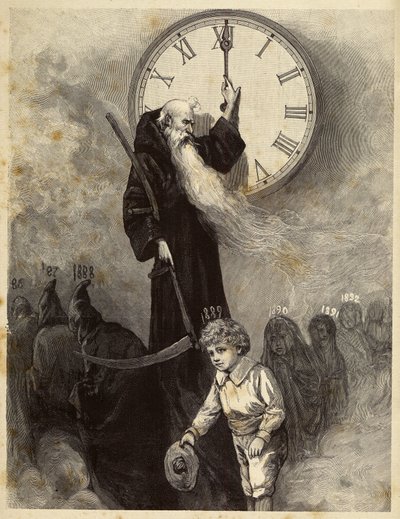 Nieuwjaarsallegorie 1889 die een oude gewelfde, symboliserend het oude jaar, toont die plaats maakt voor een glimlachende kleine jongen die het nieuwe jaar symboliseert. Tijd kijkt naar de scène door de wijzers van een klok te draaien. 19e-eeuwse gravure door Unbekannter Künstler