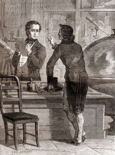 Nicéphore Niépce, terwijl hij nog onbekend en arm was, in de optische en instrumentenwinkel van Charles Chevalier, uit Les Merveilles de la Science, gepubliceerd ca. 1870 (gravure) door Unbekannt