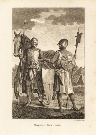 Normandische soldaten in maliënkolder en plaatpantser met schild, lans, hellebaard, voor militaire kampementstenten door Unbekannt