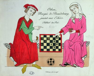 Otto IV, markies van Brandenburg, speelt schaak met een dame, illustratie uit een facsimile van de Manesse Codex of Grosse Heidelberger Liederhandschrift, gemaakt in Zürich ca. 1305-40 door Unbekannt