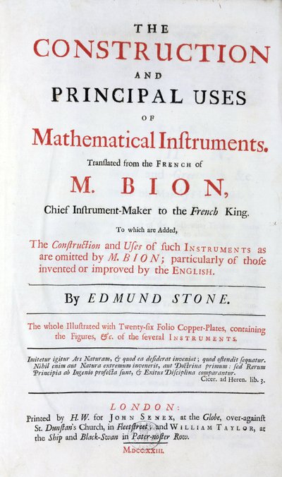 Titelpagina van het boek van Nicolas Bion (1652-1933) over wiskundige instrumenten, Engelse vertaling, met toevoeging van 