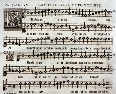 Pagina van de partituur van Laudate pueri psalm met 8 stemmen door Tomas Luis de Victoria door Unbekannter Künstler