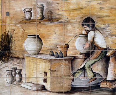 Beschilderd majolica paneel met pottenbakkersscène, handgemaakt door Ceramiche Desuir, Santo Stefano di Camastra, Sicilië (detail) door William M. Timlin