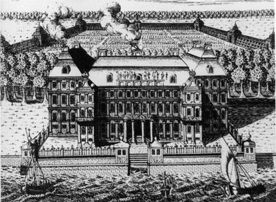 Paleis van A. Menshikov op Vassily-eiland: Een van de eerste gebouwen gebouwd in Sint-Petersburg (1711-1716), Gravure door A. Zubov (1717), Rusland. door Unbekannt
