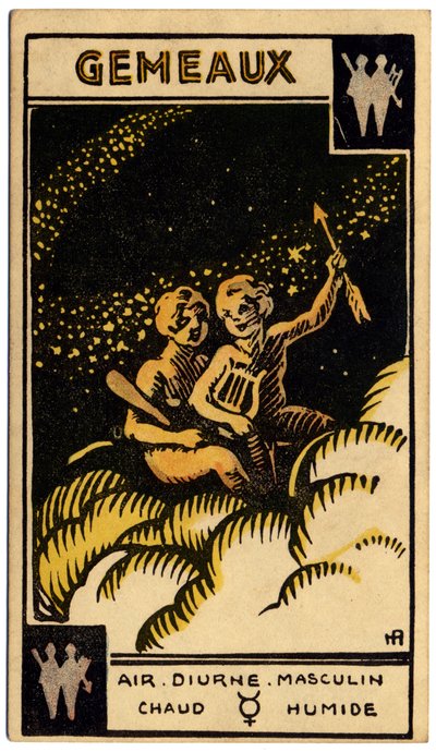 Paranormaal. Astrologie. Tweelingen (de Tweelingen). Astrologische kaart uit: Le Tarot Astrologique, door Georges Muchery, Frankrijk door Unbekannter Künstler