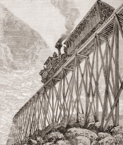 Deel van een vier kilometer lange spoorweg in New Hampshire, Verenigde Staten, gebouwd voor recreatieve reizen en voor passagiers om te genieten van panoramische uitzichten, ca. 1880, uit 