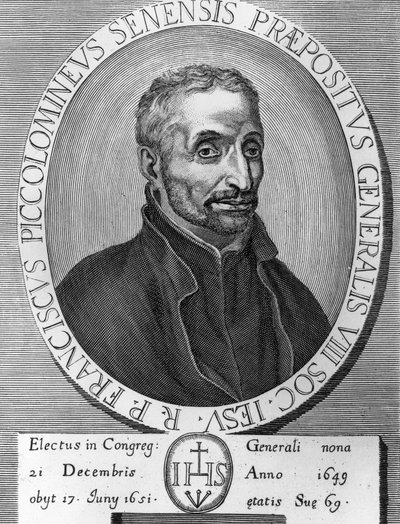 Portret van Francesco Piccolomini (1582-1651), Italiaanse jezuïet, was generaal-overste van de Sociëteit van Jezus van 1649 tot 1651, gravure door William M. Timlin