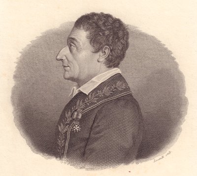 Portret van Italiaanse wiskundige en astronoom Joseph-Louis Lagrange, of Giuseppe Lodovico Lagrangia (1736-1813), kopergravure door Locatelli van medaille door William M. Timlin