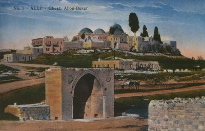 Ansichtkaart van de Shaykh Abu Bakr-moskee in Aleppo, Syrië, ca. 1920 (kleur fotolitho) door Unbekannt