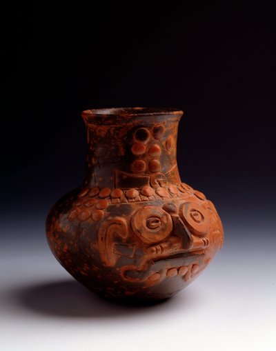 Precolumbiaanse kunst, Maya-beschaving, vroege postklassieke periode: kleipot die de god Tlaloc voorstelt. Uit Asuncion Mita Jutiapa, Guatemala door Unbekannt