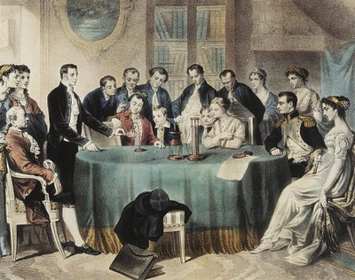 Presentatie in 1801 van de experimenten met de elektrische batterij aan de Eerste Consul Napoleon Bonaparte door Volta (gravure) door Unbekannter Künstler