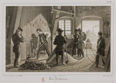 Grondstoffenverwerking, metallurgie het malen van het erts, Duitsland, circa 1851 door Unbekannt