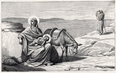 Rust tijdens de vlucht naar Egypte. Alfabet van het kindje Jezus. Uitgave van 1932. Houtsneden gesigneerd H G. Privécollectie door Unbekannt