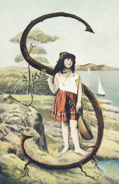 S : Een jong meisje in een korte rok en mouwloos lijfje houdt een mandoline in haar linkerhand. Landelijke omgeving - Alphabet personages Ref Th. E., L. Theochrom - Serie 994. Theodor Eisman, uitgever, Leipzig door Unbekannt