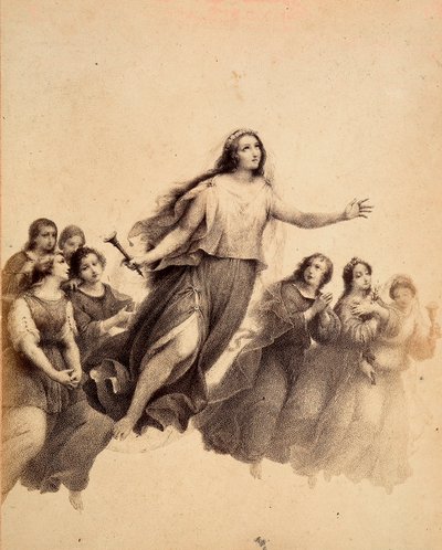 Sint Lucia, met fakkel in de hand, vliegt door het firmament van het Empyreum, omringd door jongeren. Illustratie van Canto XXXII in Paradiso van De Goddelijke Komedie van Dante Alighieri. Werk van Francesco Scaramuzza opgedragen aan de gemeente Florence door Unbekannter Künstler