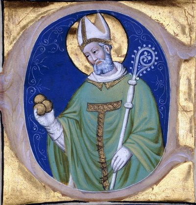 Sint Nicolaas van Myra, gehistorieerde initiaal "C", uit een verlucht koorboek op perkament, c.1400 door Unbekannt