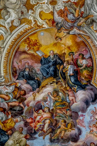 San Benedetto (St Benedictus) kerk, Catania, Sicilië (Italië). Plafondfresco detail (18e eeuw). St Benedictus. door Unbekannt