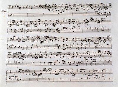 Bladmuziekpagina voor Händels Fuga uit een manuscript met twee werken door Domenico Scarlatti en Friedrich Handel door Unbekannter Künstler