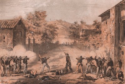 Siciliaanse vrijwilligers die voorposten aan de linkerkant van de Napolitanen in Milazzo, Sicilië aanvallen door William M. Timlin