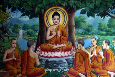 Tempelfresco met Boeddha en discipelen. Cambodja door Unbekannt