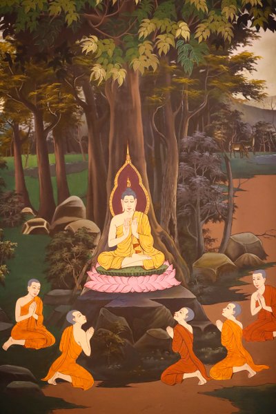 De Boeddha predikte zijn eerste preek aan de vijf monniken, Muurschildering, Wat Botum tempel, Phnom Penh, 2022 door Unbekannter Künstler
