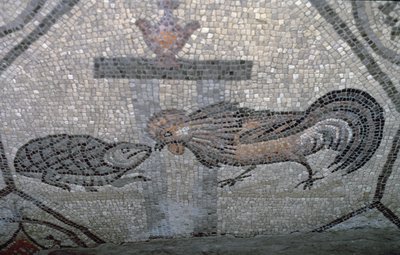 De Haan en de Schildpad, detail van een decoratieve vloer met christelijke afbeeldingen en heidense symbolen door Unbekannt